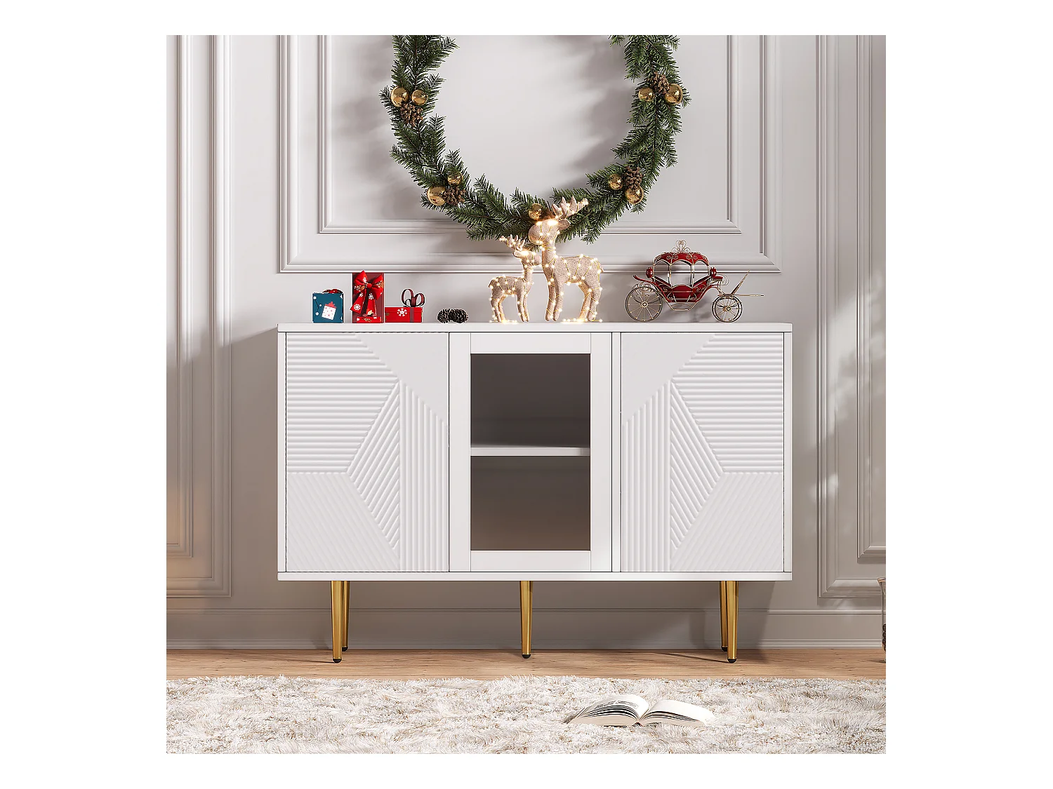 Buffet basso bianco 120 cm in pannello di legno con porte in vetro e piedi in metallo – stile moderno