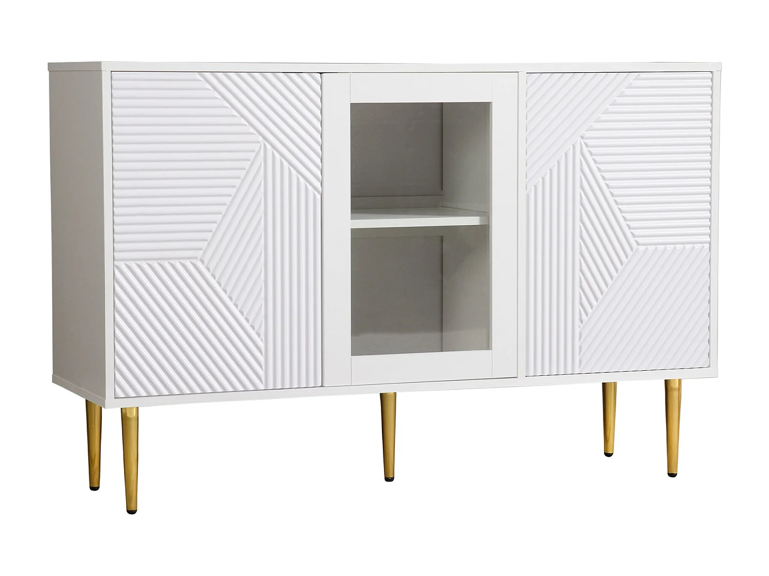 Buffet basso bianco 120 cm in pannello di legno con porte in vetro e piedi in metallo – stile moderno