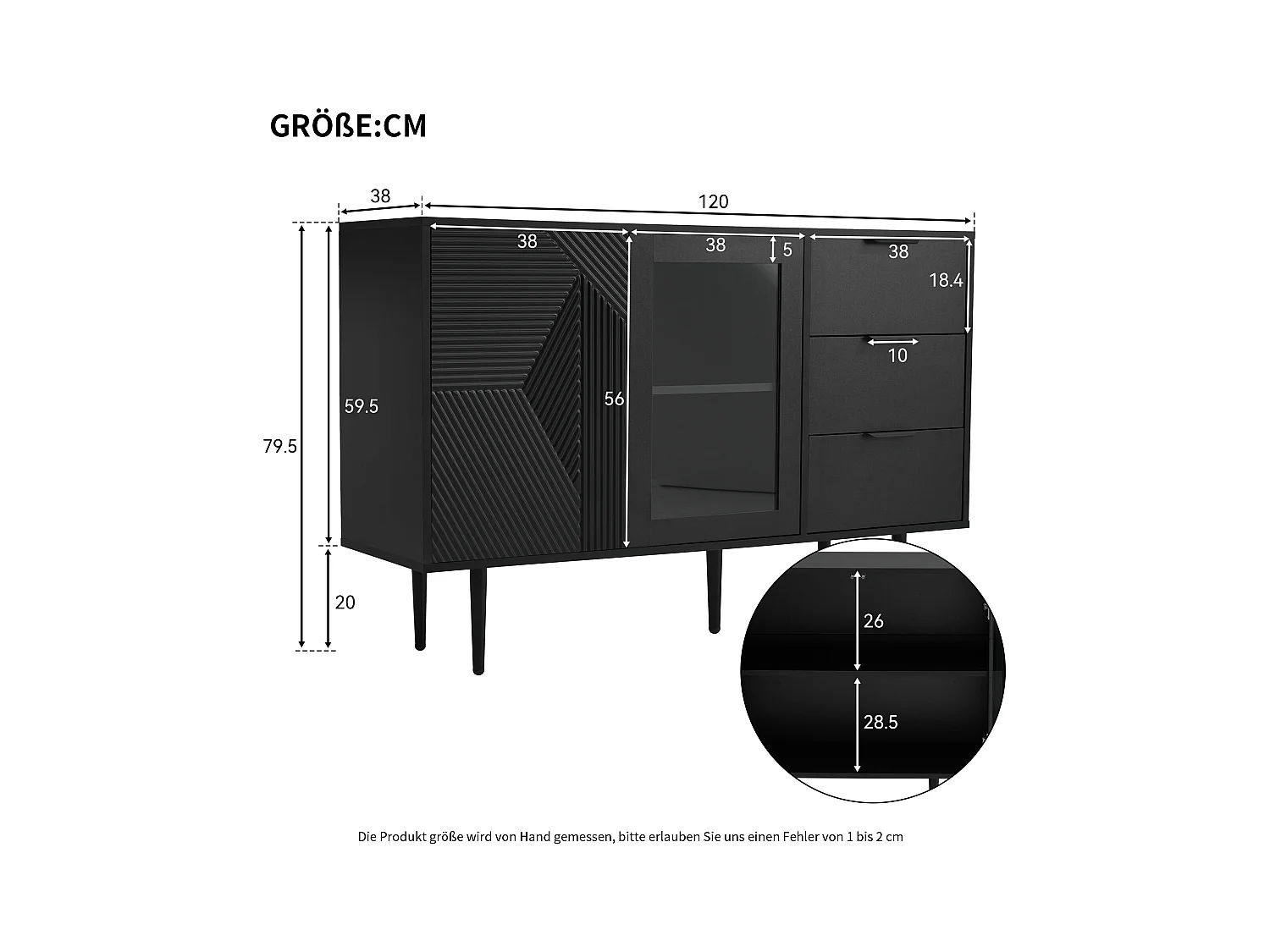 Aparador moderno en aglomerado con puertas de cristal, 2 armarios, 3 cajones, salón blanco y roble.