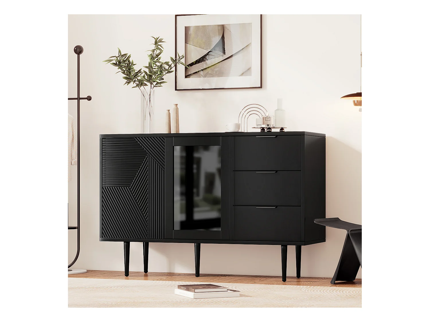 Aparador moderno en aglomerado con puertas de cristal, 2 armarios, 3 cajones, salón blanco y roble.