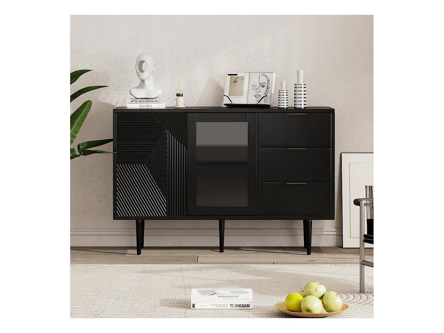 Aparador moderno en aglomerado con puertas de cristal, 2 armarios, 3 cajones, salón blanco y roble.