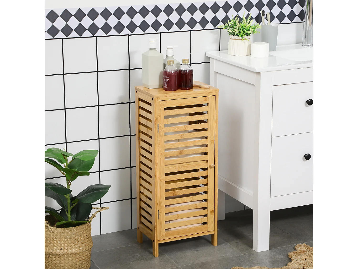 Armário de banheiro compacto de bambu natural com prateleira ajustável de 70 cm**