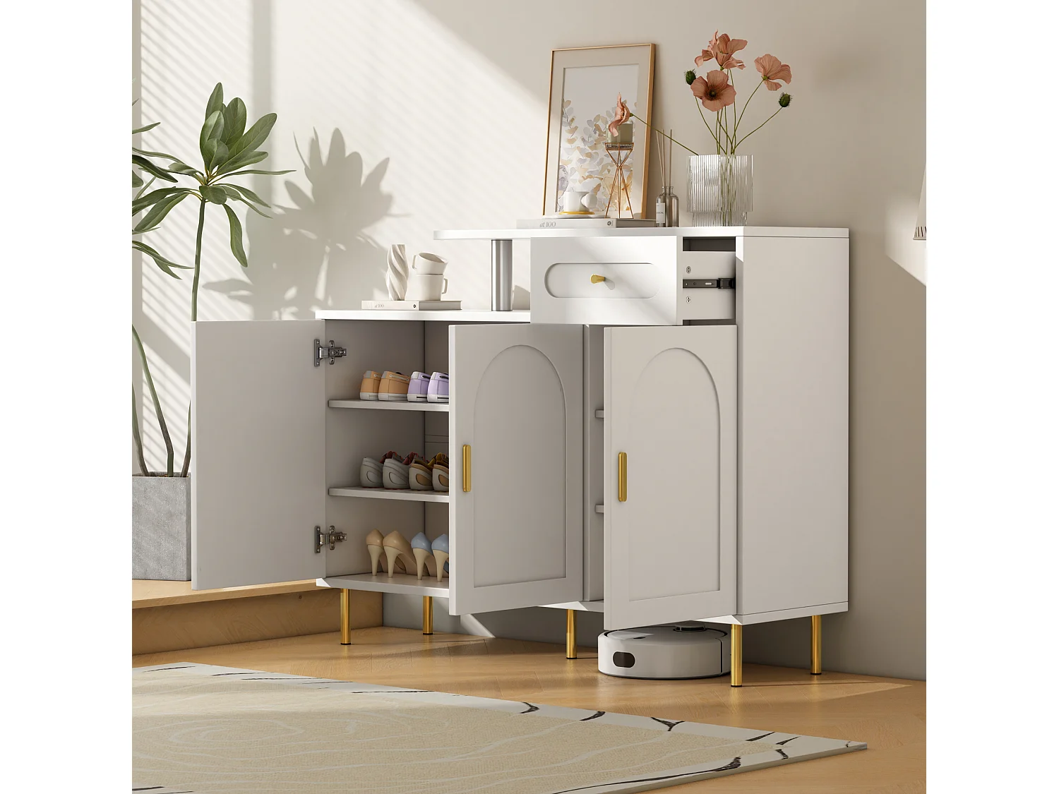 Aparador de madera blanca con 3 puertas y 1 cajón, almacenaje, recibidor, salón, estilo moderno, 120 x 35 x 92 cm