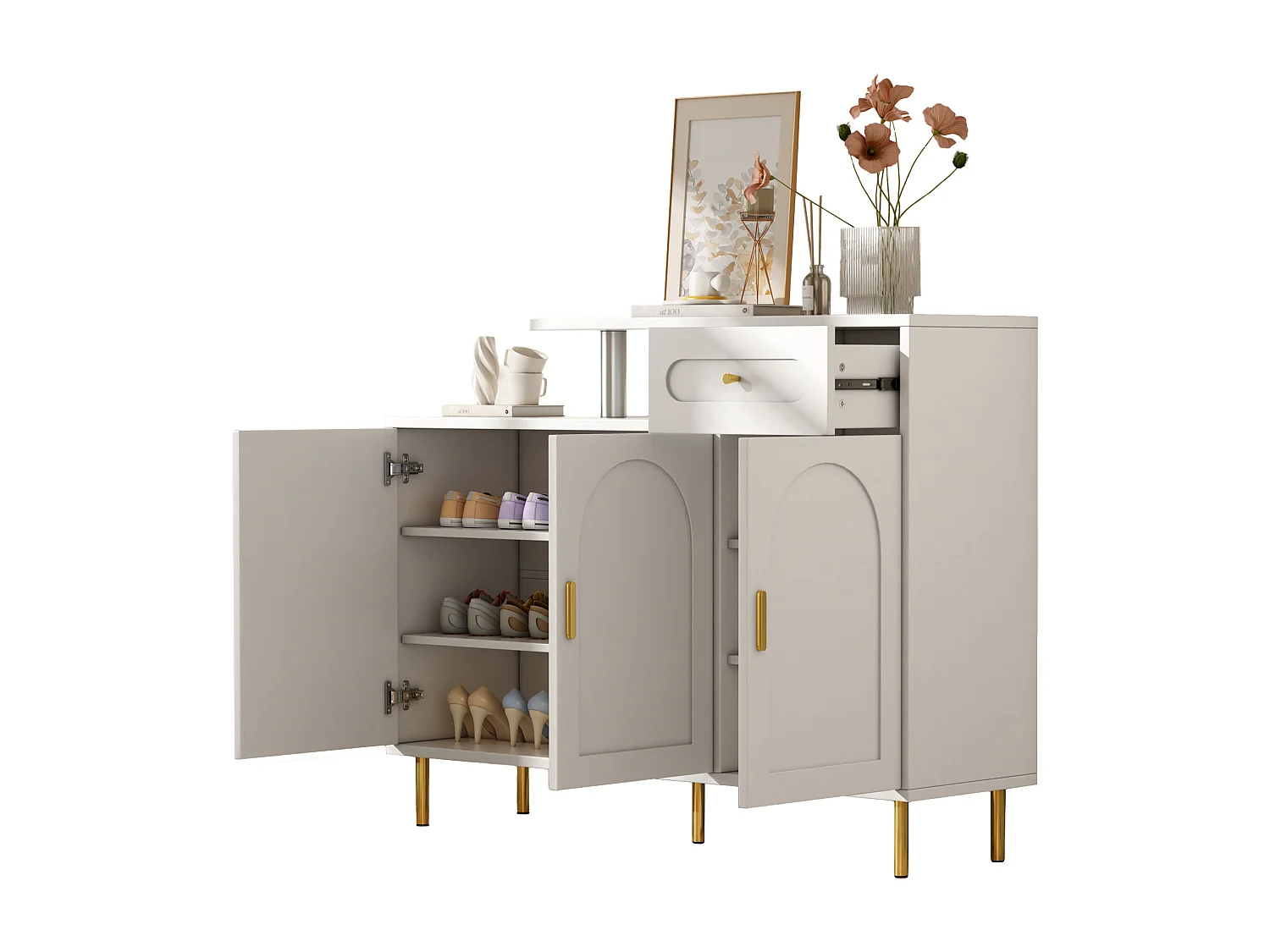 Aparador de madera blanca con 3 puertas y 1 cajón, almacenaje, recibidor, salón, estilo moderno, 120 x 35 x 92 cm