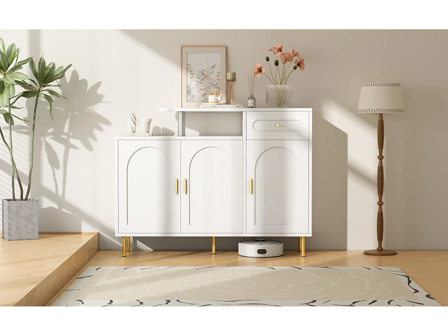 Aparador de madera blanca con 3 puertas y 1 cajón, almacenaje, recibidor, salón, estilo moderno, 120 x 35 x 92 cm