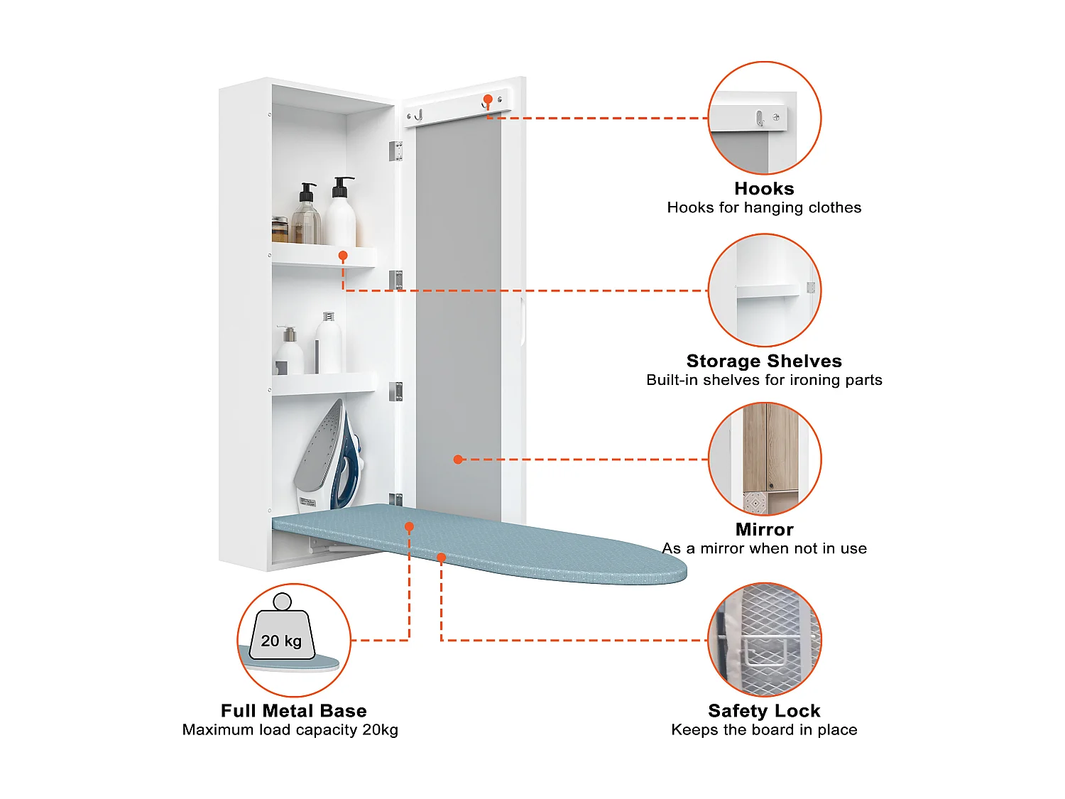 Armário de parede com tábua de passar roupa dobrável, espelho integrado, madeira branca, 95 x 30 x 15 cm