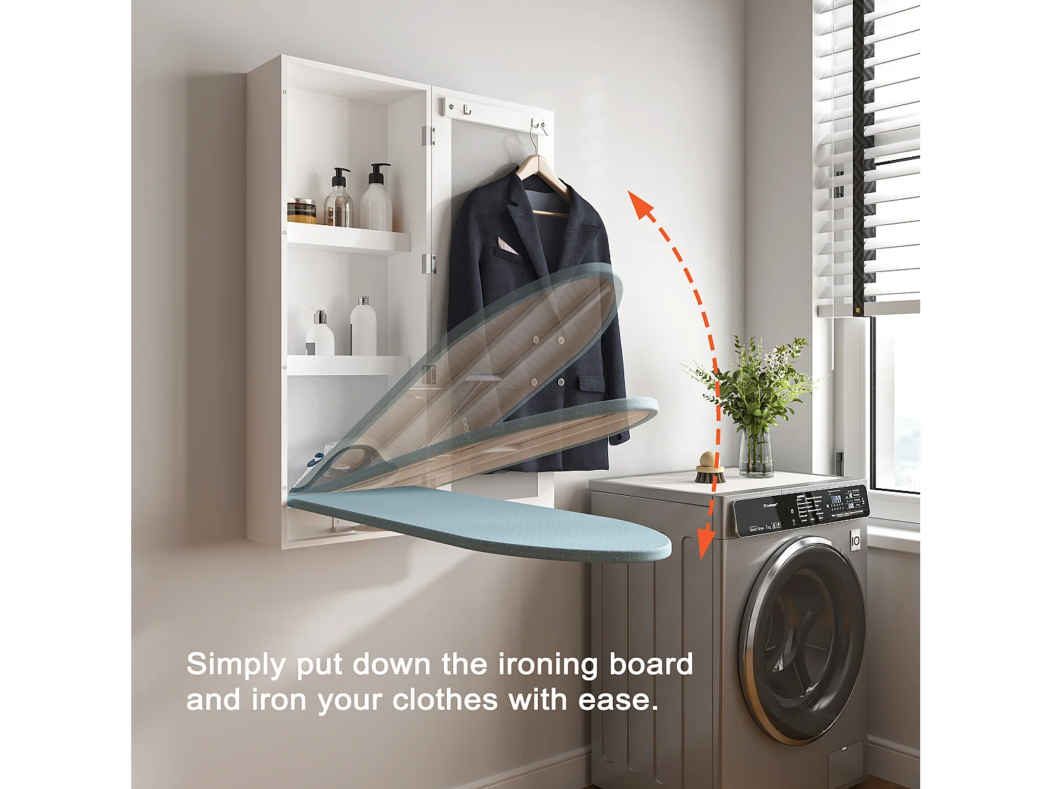 Armário de parede com tábua de passar roupa dobrável, espelho integrado, madeira branca, 95 x 30 x 15 cm