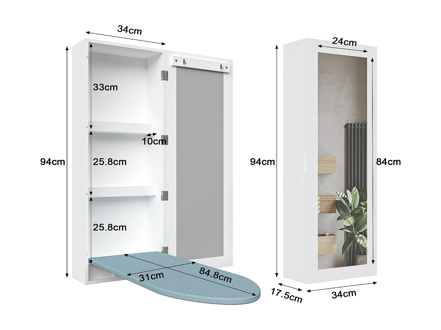 Armário de parede com tábua de passar roupa dobrável, espelho integrado, madeira branca, 95 x 30 x 15 cm