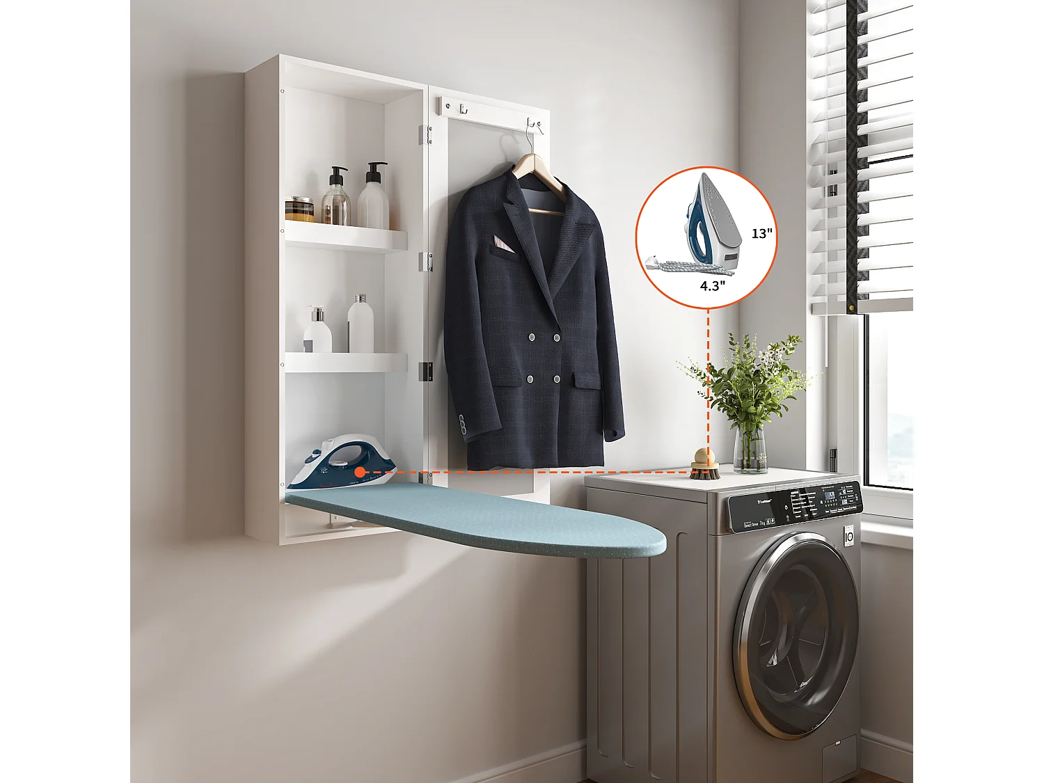 Armário de parede com tábua de passar roupa dobrável, espelho integrado, madeira branca, 95 x 30 x 15 cm