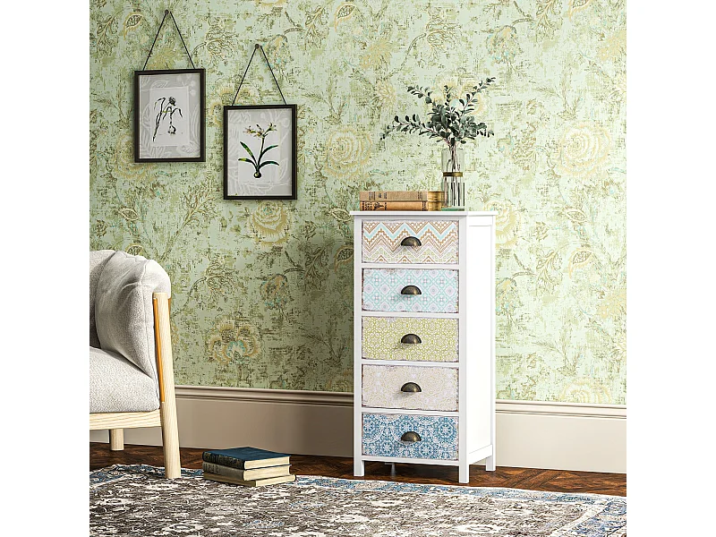 Cômoda com 5 gavetas em madeira MDF, estilo vintage shabby chic, quarto, sala de estar, multicolorido