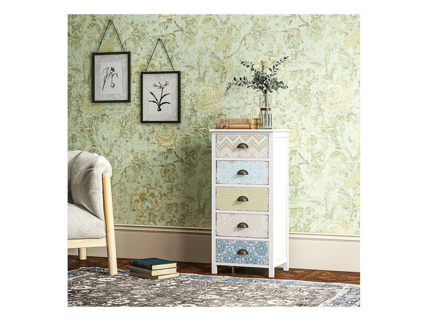 Comò 5 cassetti bois MDF stile vintage shabby chic chambre salon multicolore