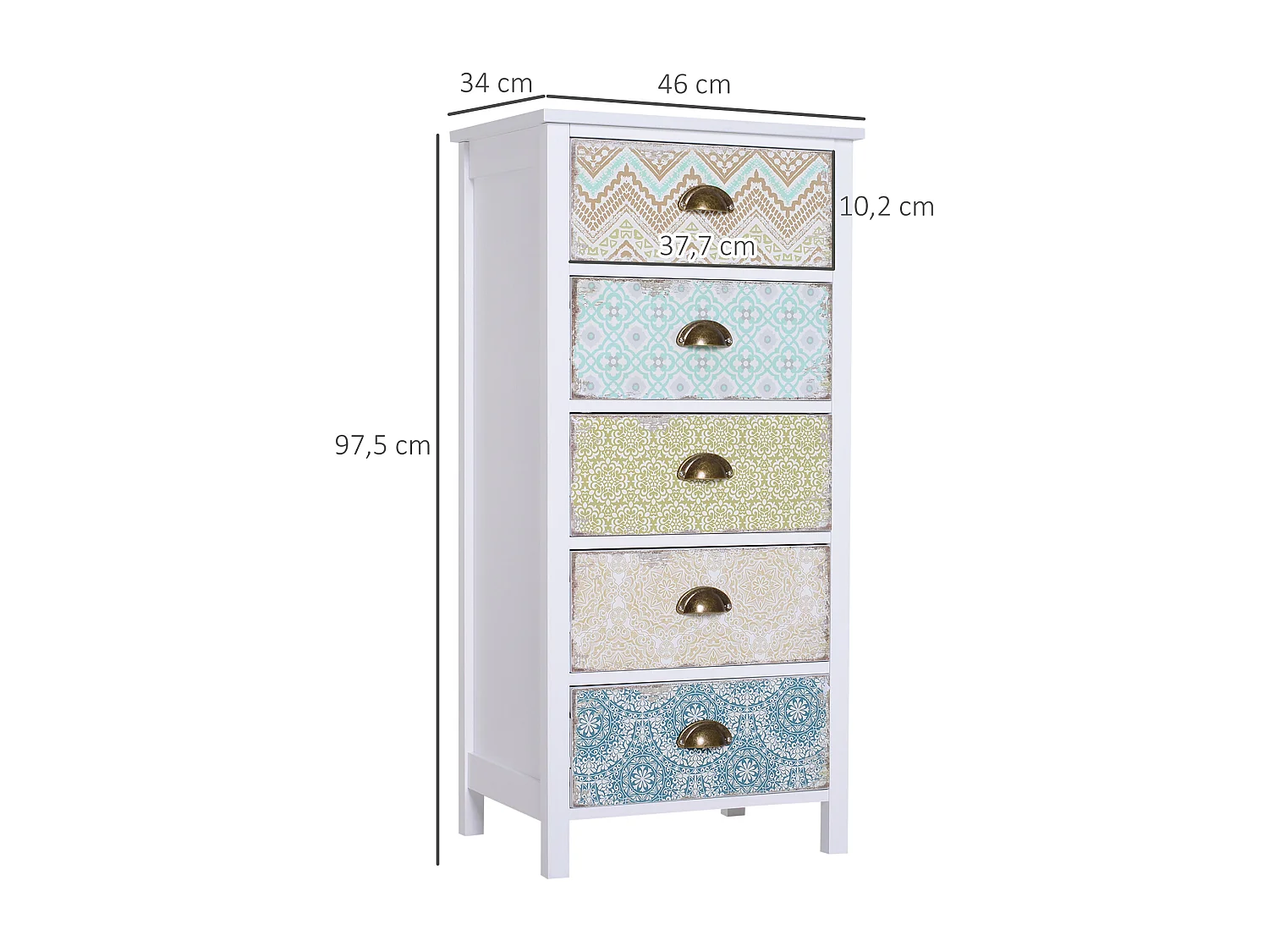 Cômoda com 5 gavetas em madeira MDF, estilo vintage shabby chic, quarto, sala de estar, multicolorido