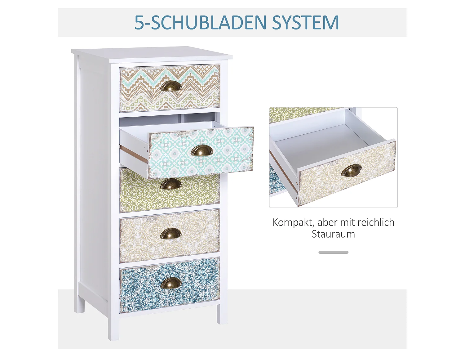 Cômoda com 5 gavetas em madeira MDF, estilo vintage shabby chic, quarto, sala de estar, multicolorido