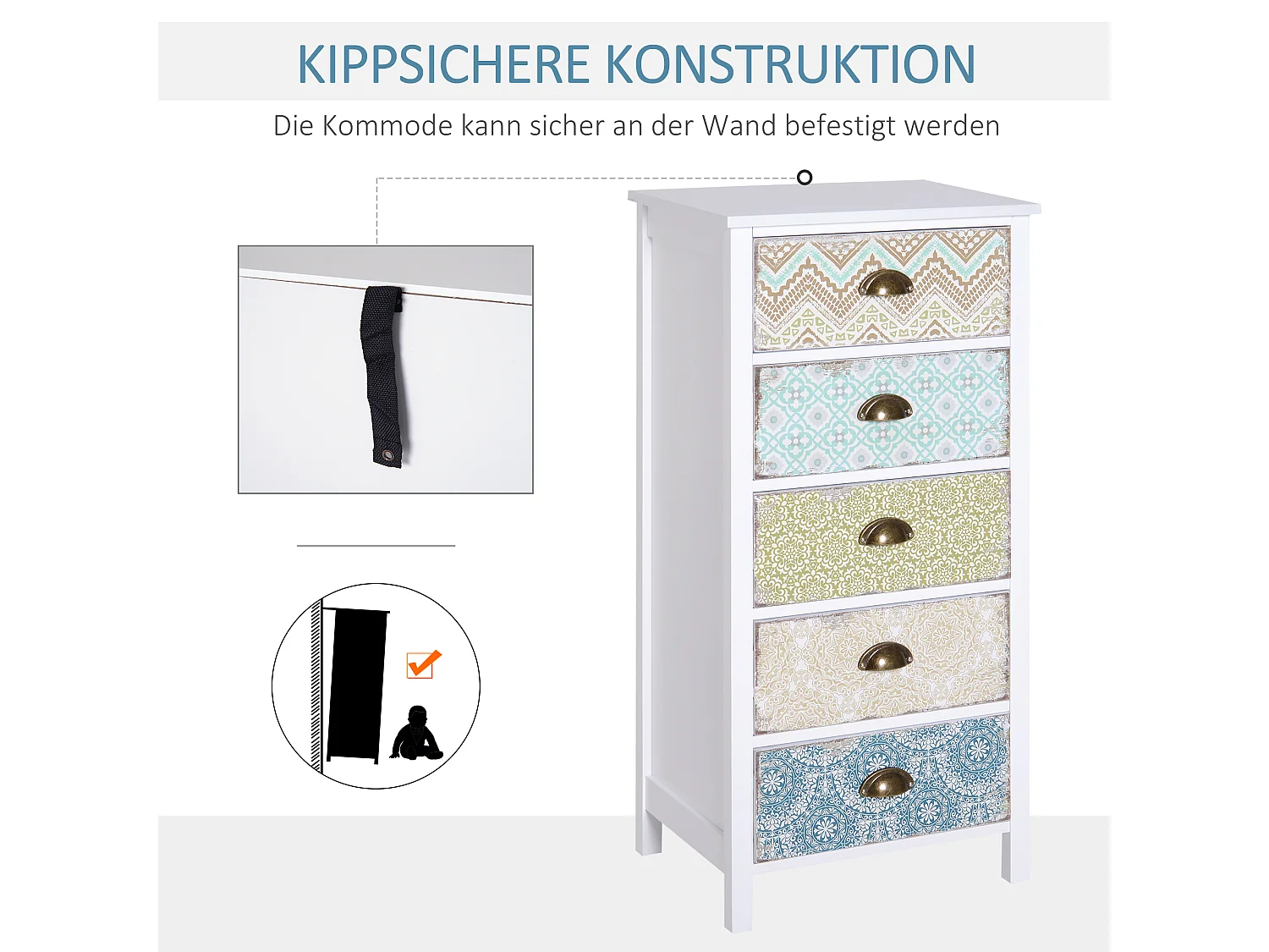 Cômoda com 5 gavetas em madeira MDF, estilo vintage shabby chic, quarto, sala de estar, multicolorido