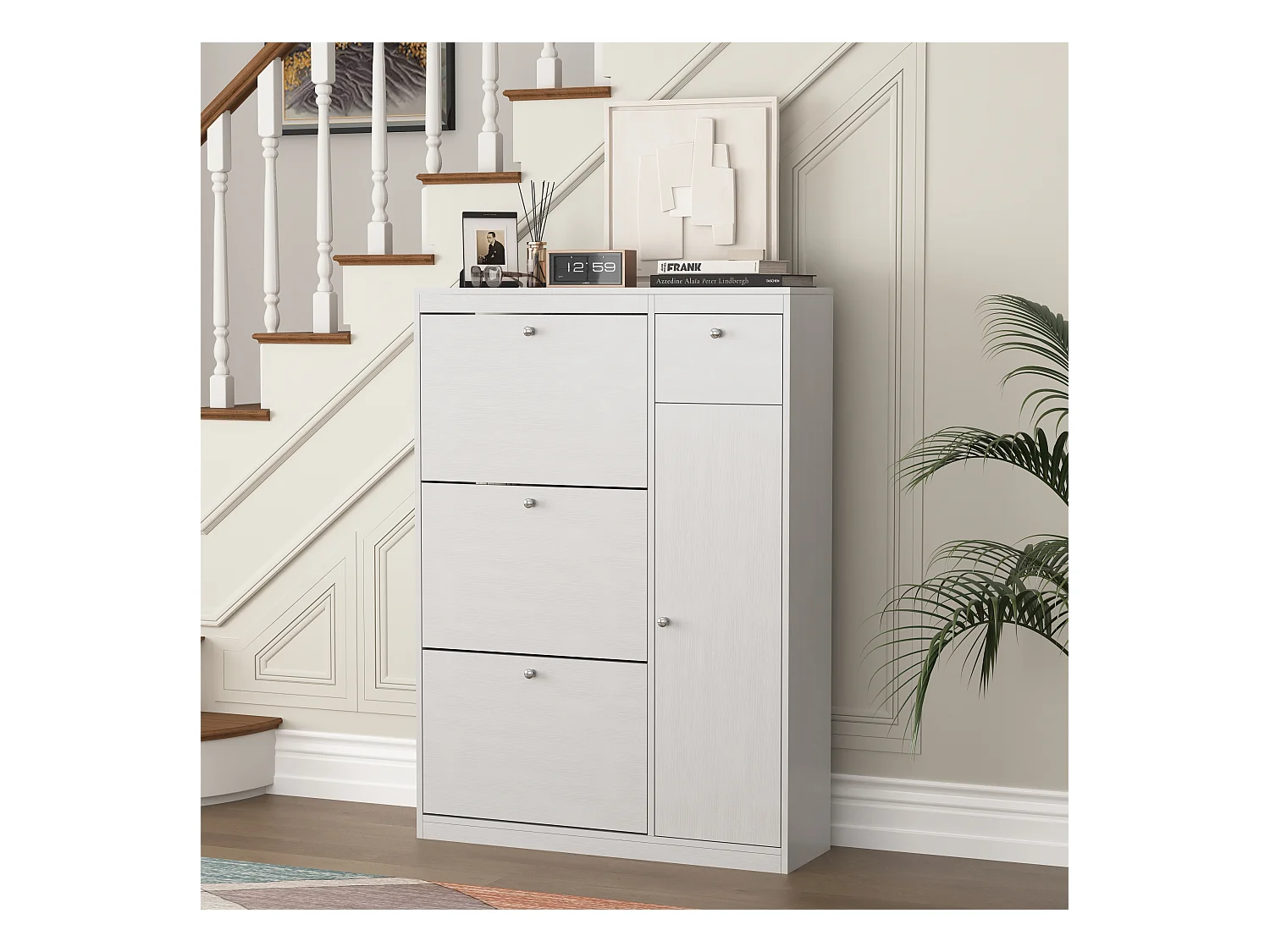 Meuble à Chaussures Blanc avec 3 Abattants Rangement Entrée Panneau Bois 90×27×125 cm Moderne