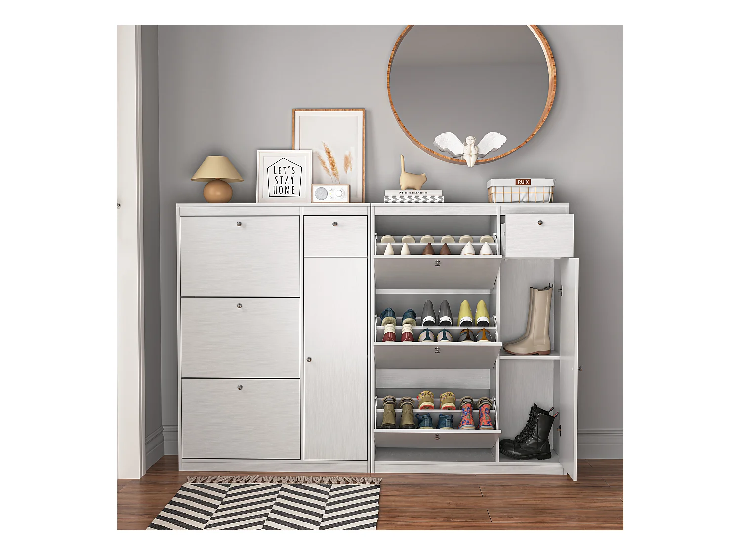 Meuble à Chaussures Blanc avec 3 Abattants Rangement Entrée Panneau Bois 90×27×125 cm Moderne