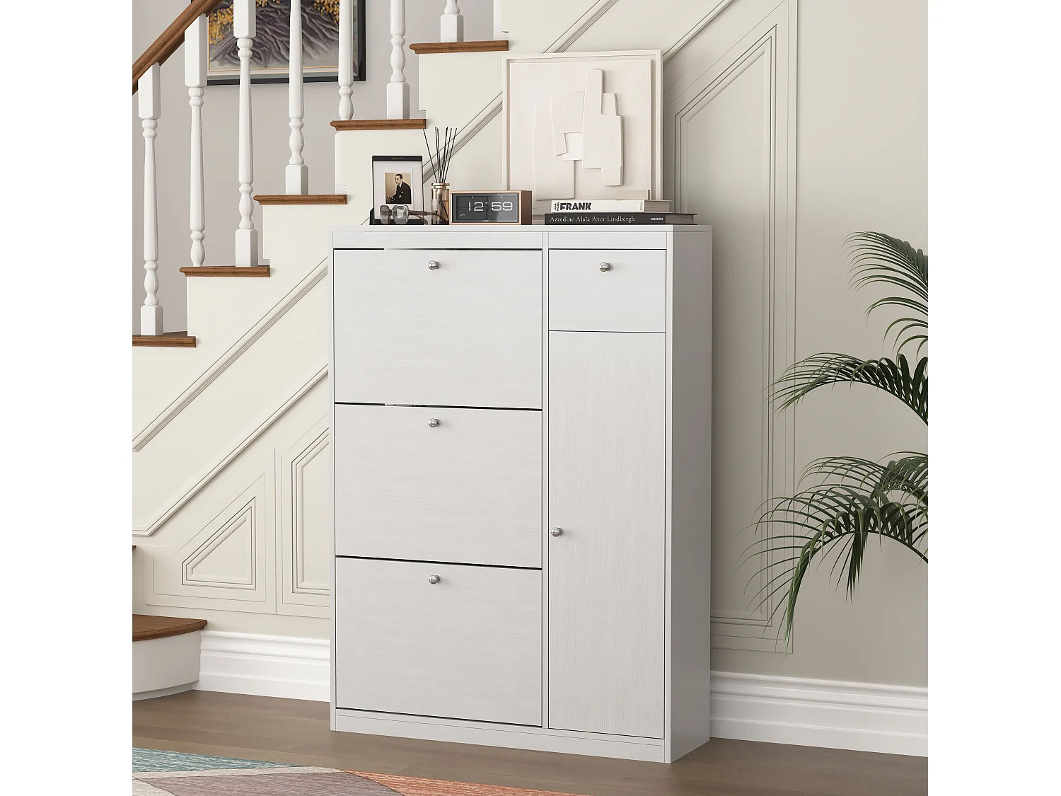 Zapatero Blanco con 3 Aletas Entrada de Almacenamiento Panel de Madera 90×27×125 cm Moderno