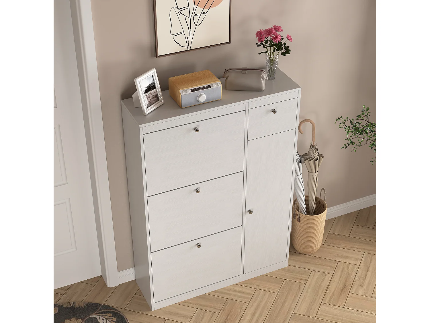 Zapatero Blanco con 3 Aletas Entrada de Almacenamiento Panel de Madera 90×27×125 cm Moderno