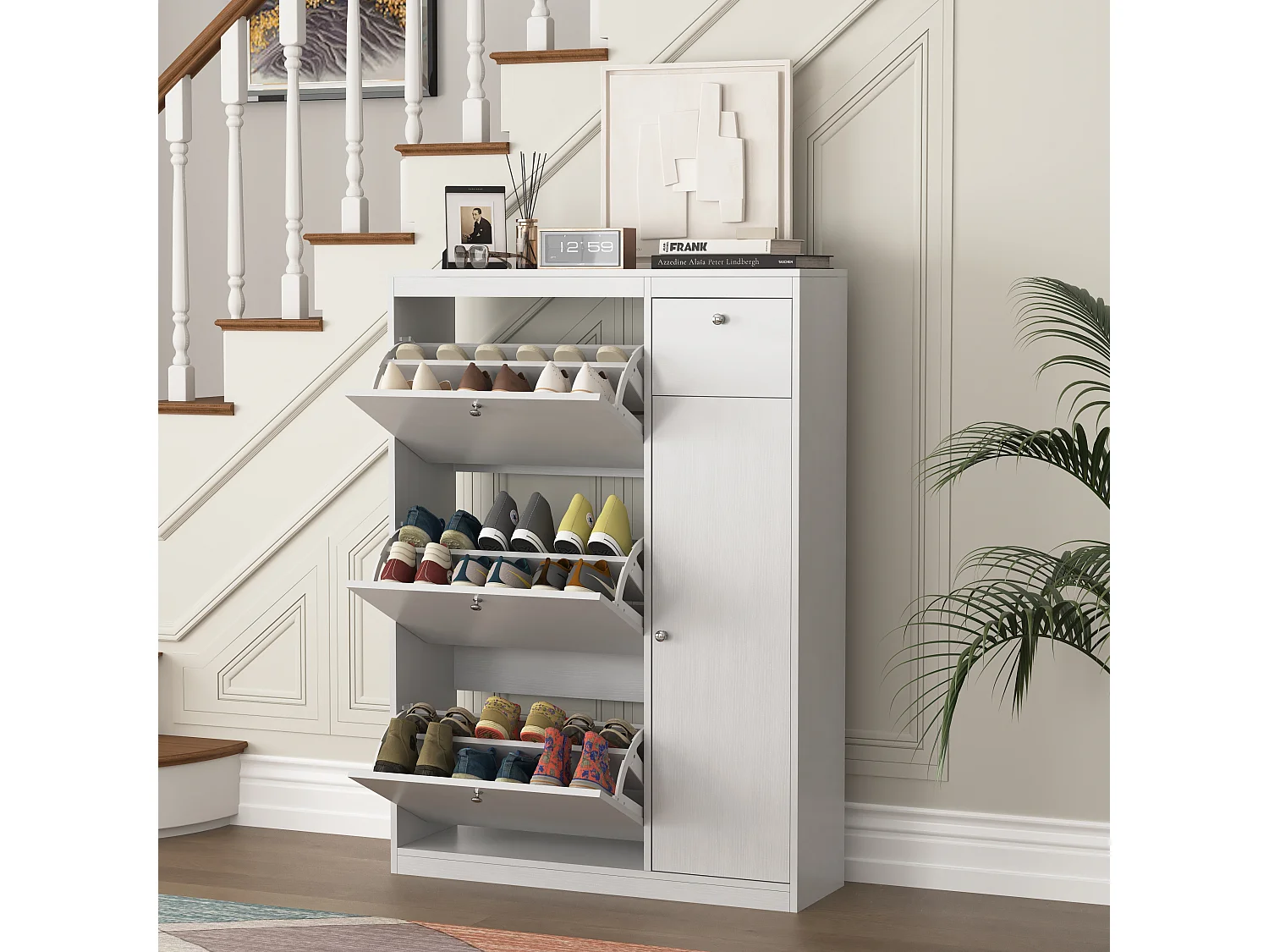 Zapatero Blanco con 3 Aletas Entrada de Almacenamiento Panel de Madera 90×27×125 cm Moderno