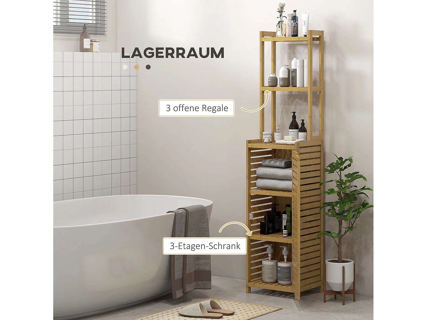 Armário de canto de banheiro de bambu natural com armazenamento compacto, prateleiras e porta de 170 cm