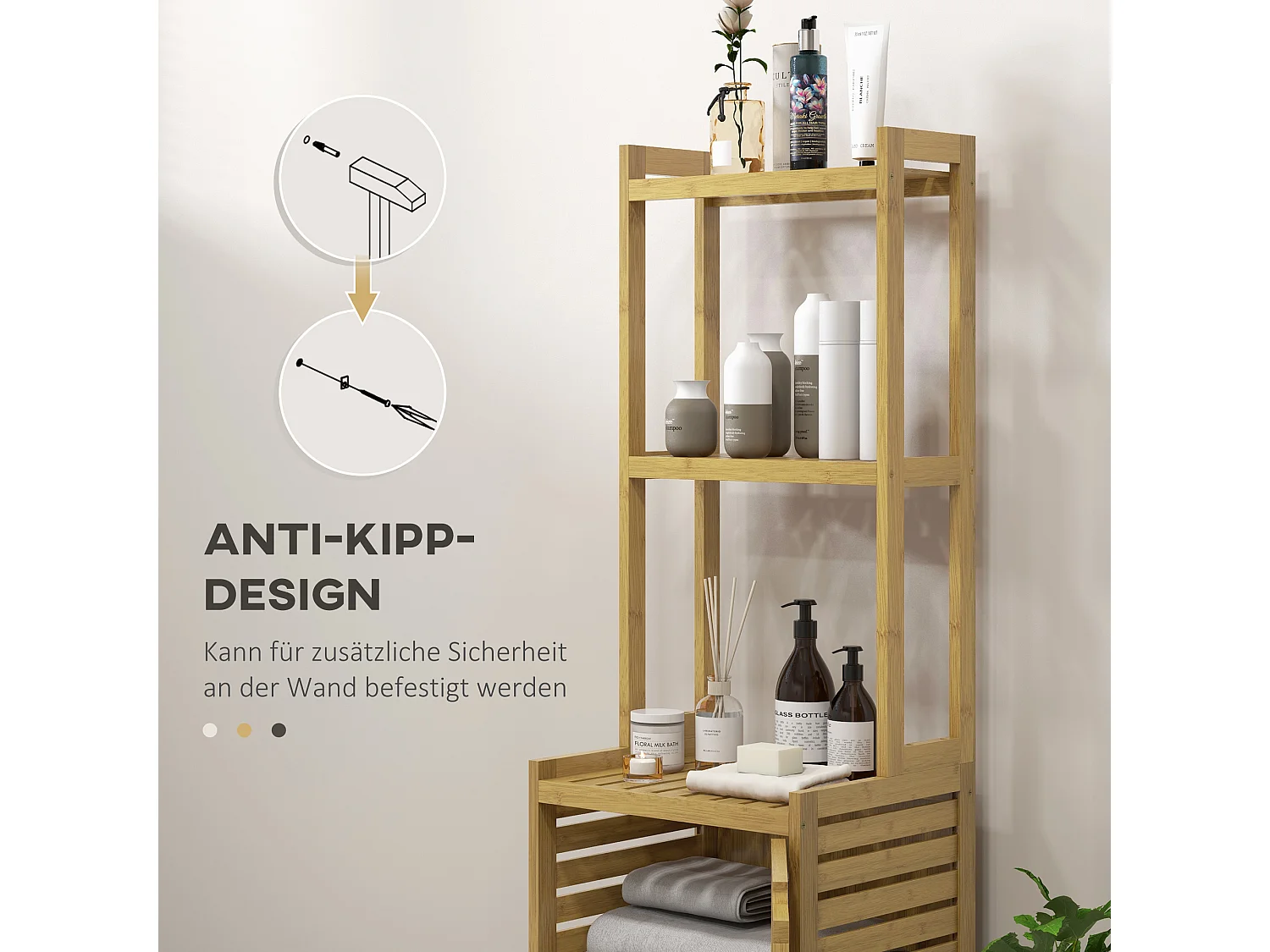 Armário de canto de banheiro de bambu natural com armazenamento compacto, prateleiras e porta de 170 cm