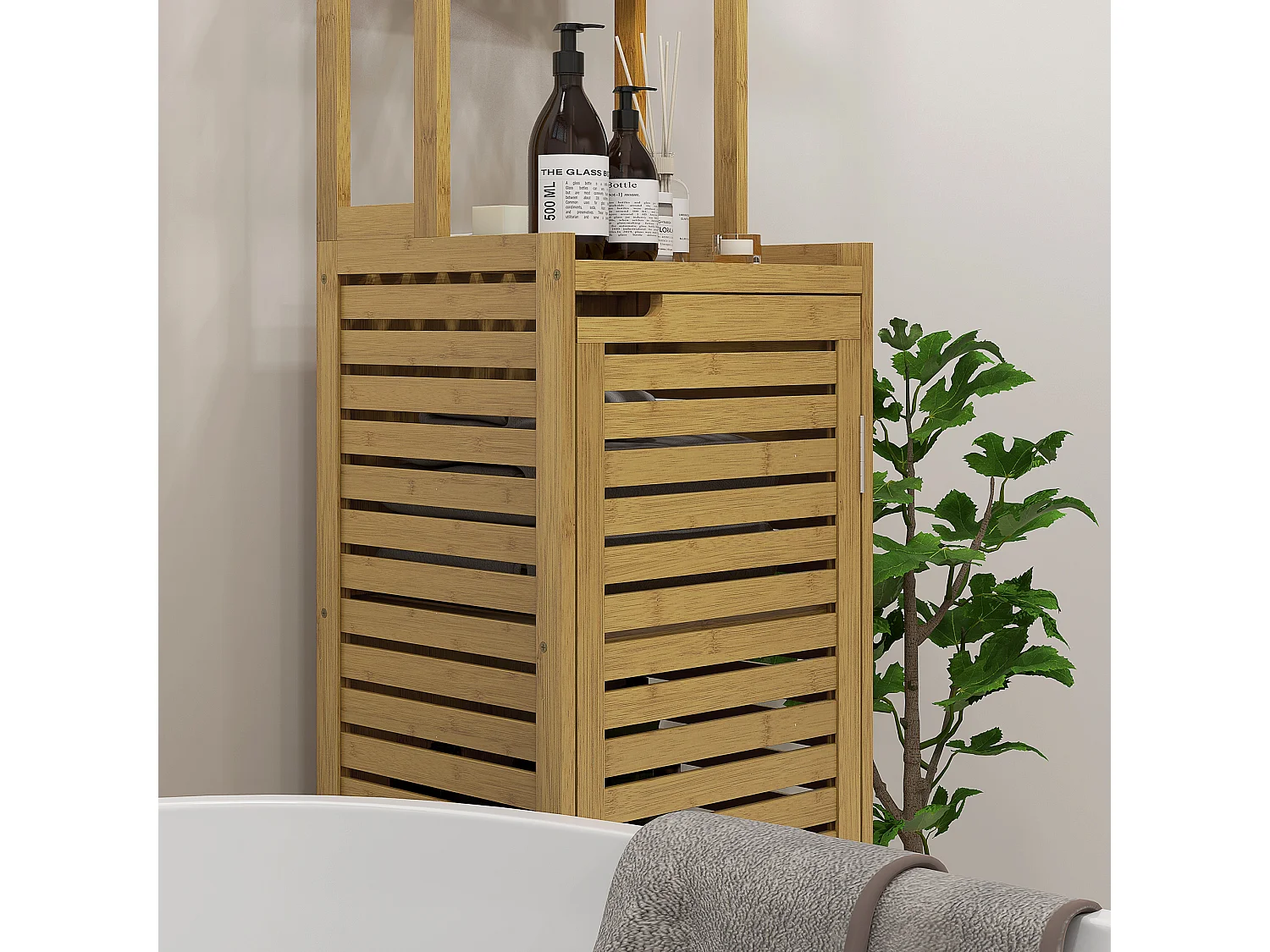 Armário de canto de banheiro de bambu natural com armazenamento compacto, prateleiras e porta de 170 cm