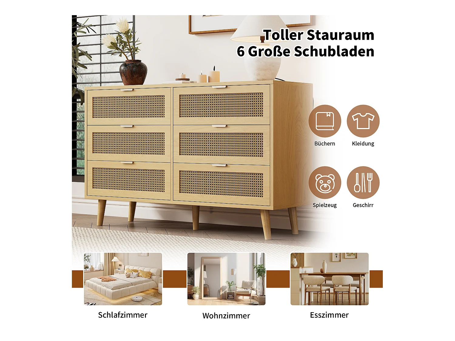 Cômoda com 6 gavetas em madeira MDF com imitação de rattan e pés maciços para um quarto de estilo retro em castanho escuro