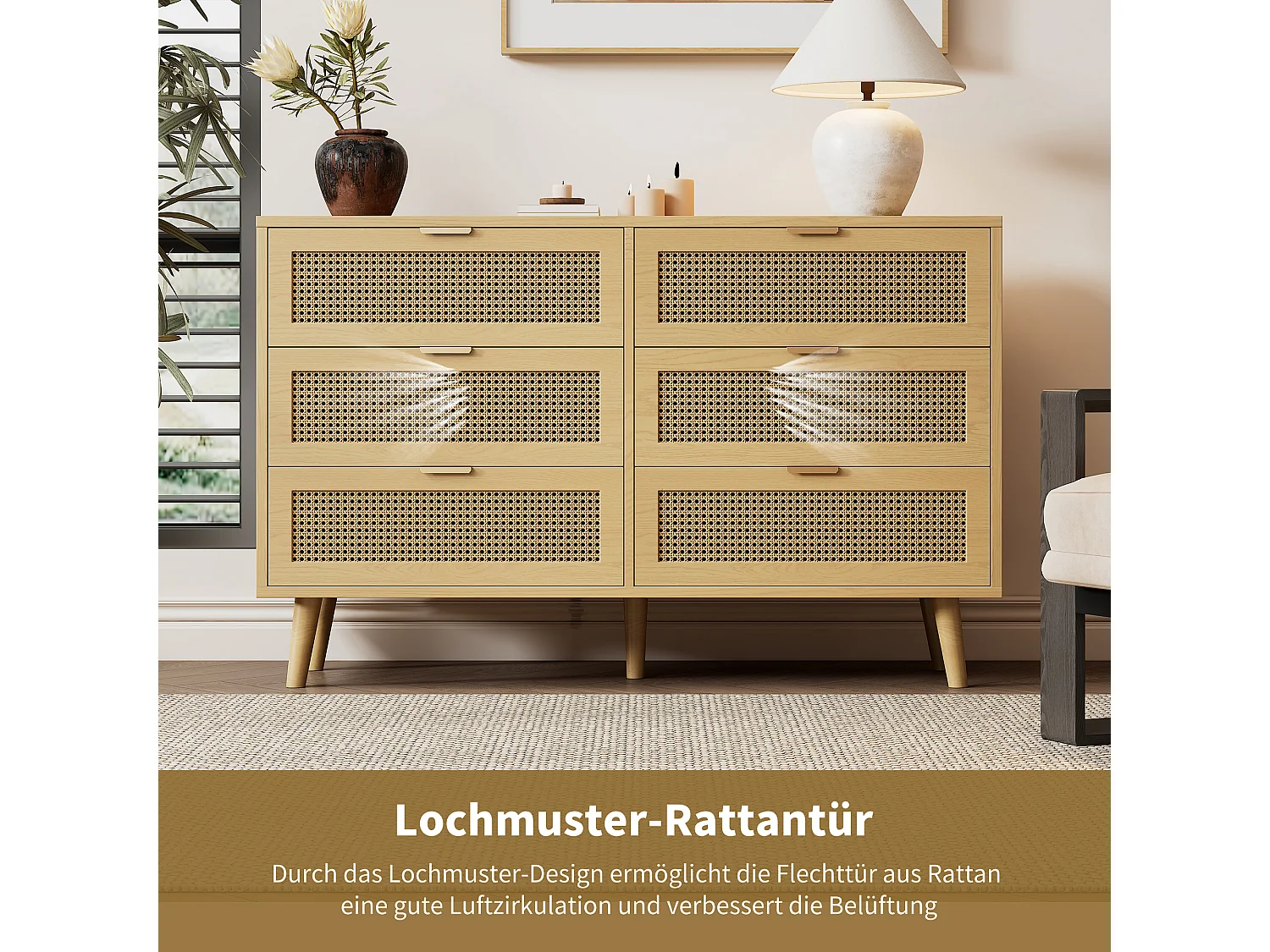 Cômoda com 6 gavetas em madeira MDF com imitação de rattan e pés maciços para um quarto de estilo retro em castanho escuro