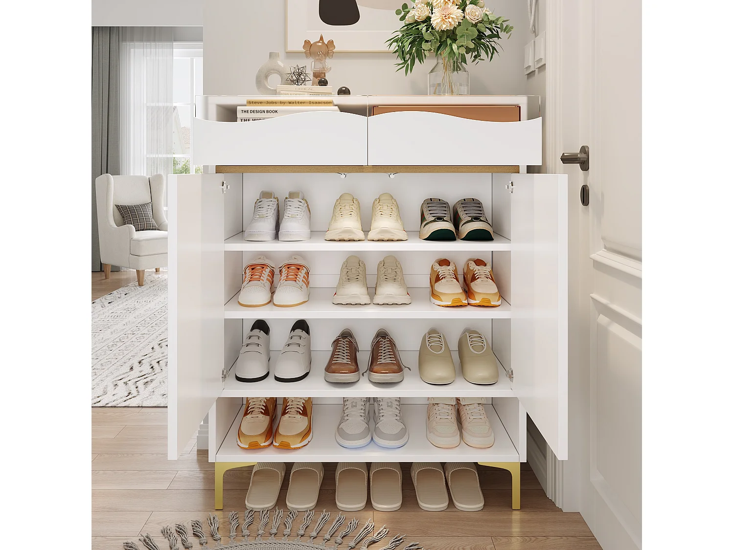 Zapatero LED de MDF con cajones y puertas, diseño moderno para entrada, blanco 80×105 cm