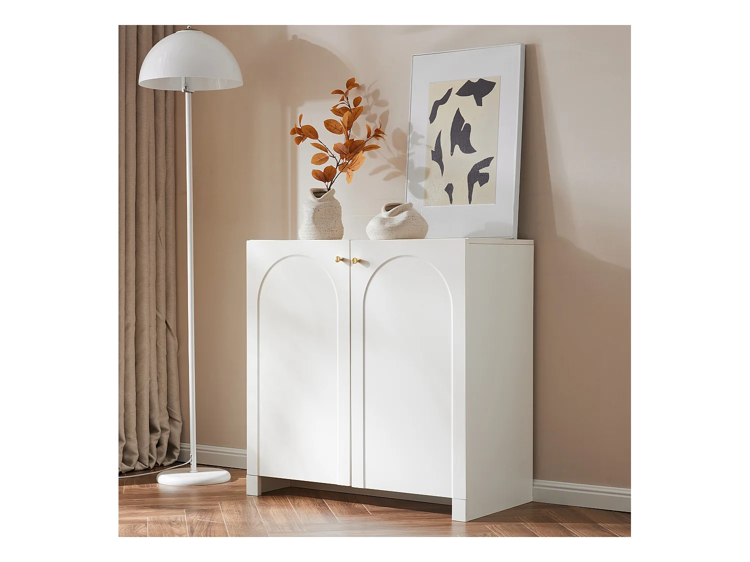 Aparador de madeira MDF com decoração em arco e puxadores dourados, arrumação para quarto, sala, branco, 90x40x80cm