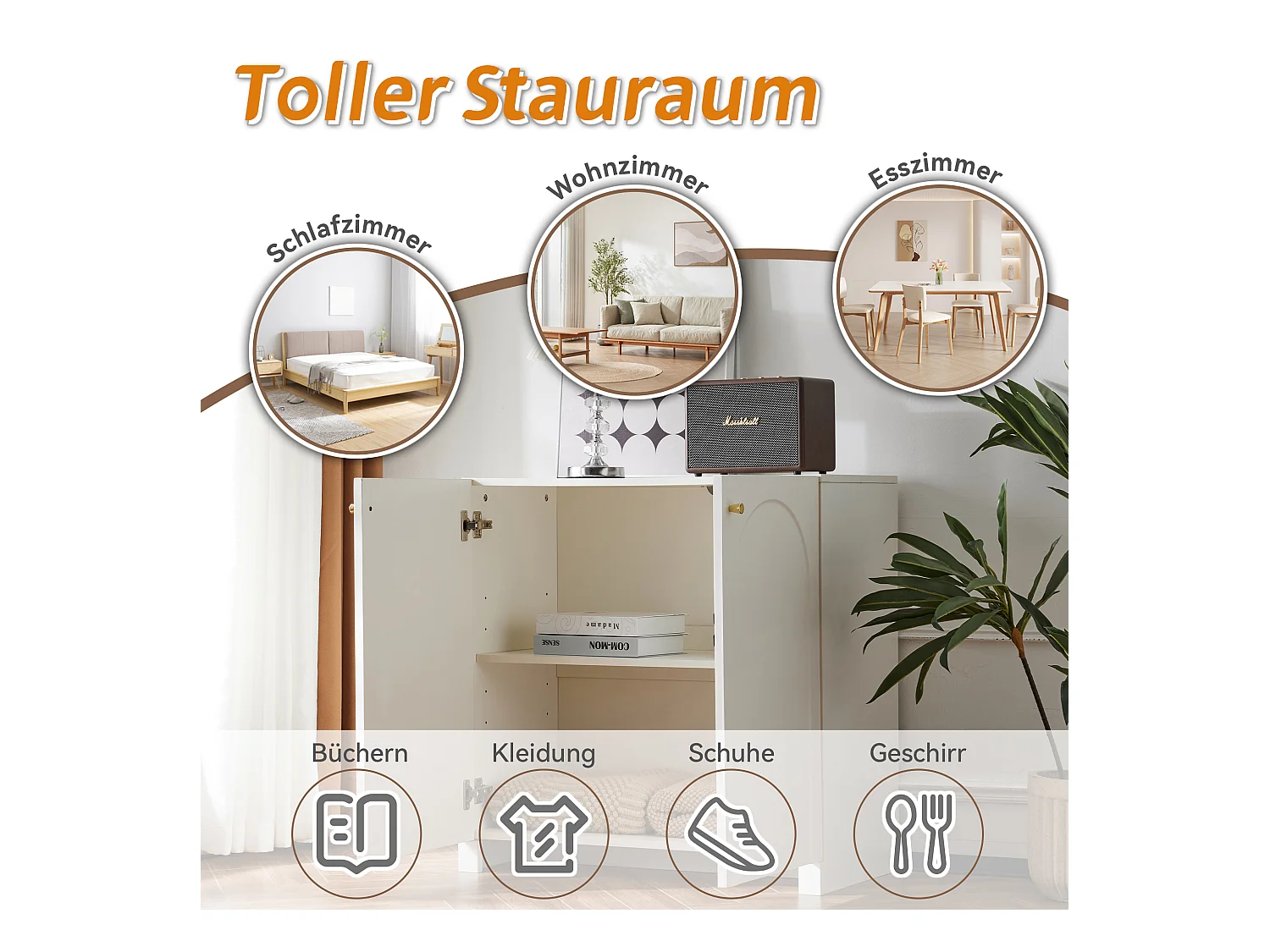 Aparador de madeira MDF com decoração em arco e puxadores dourados, arrumação para quarto, sala, branco, 90x40x80cm