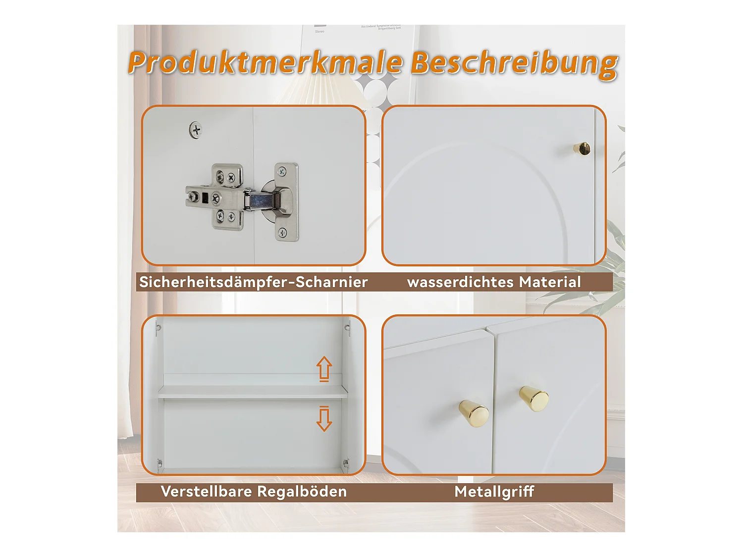 Aparador de madeira MDF com decoração em arco e puxadores dourados, arrumação para quarto, sala, branco, 90x40x80cm