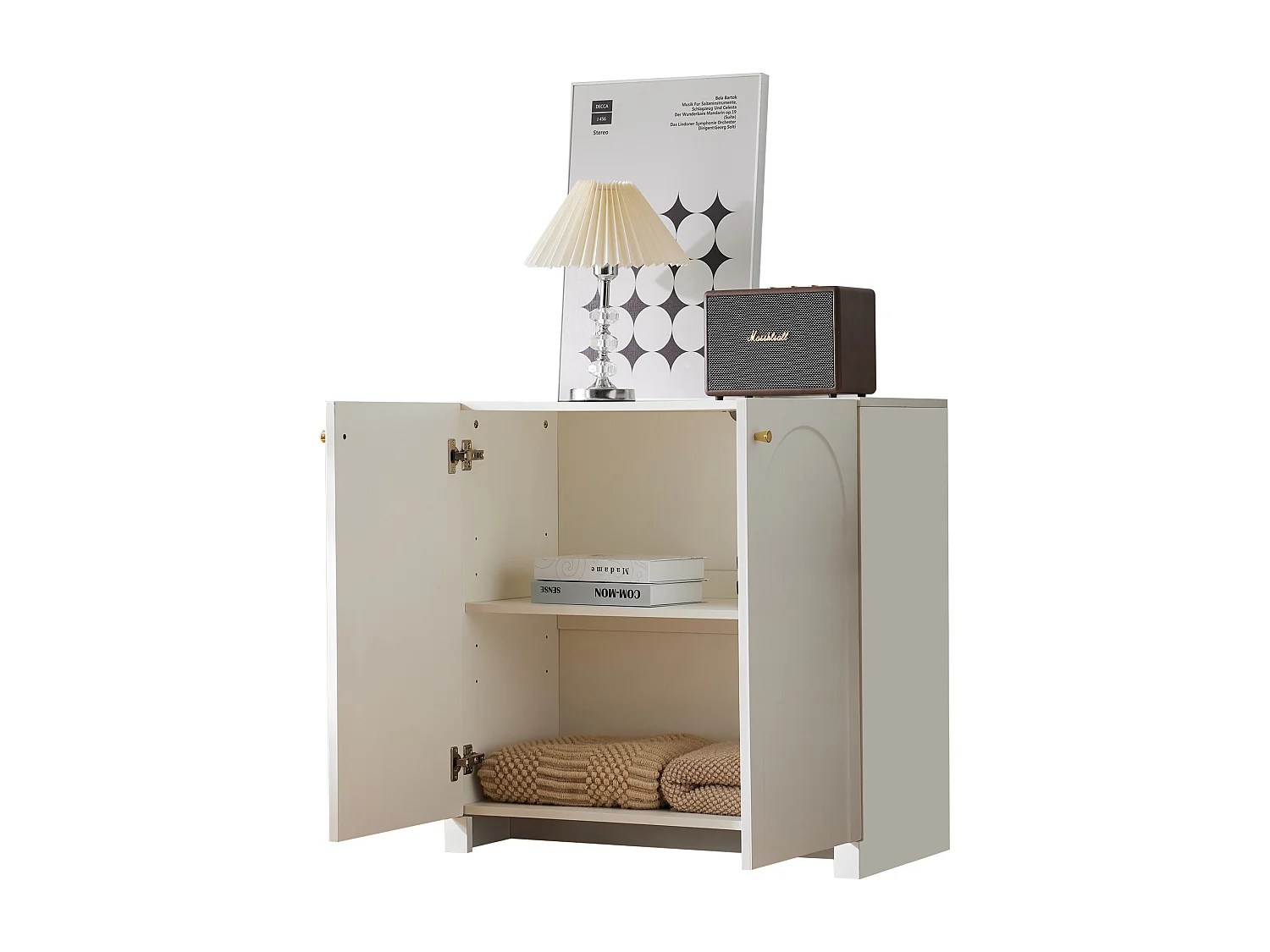 Aparador de madera MDF con decoración de arco y tiradores dorados, almacenaje para dormitorio, salón, blanco, 90x40x80cm