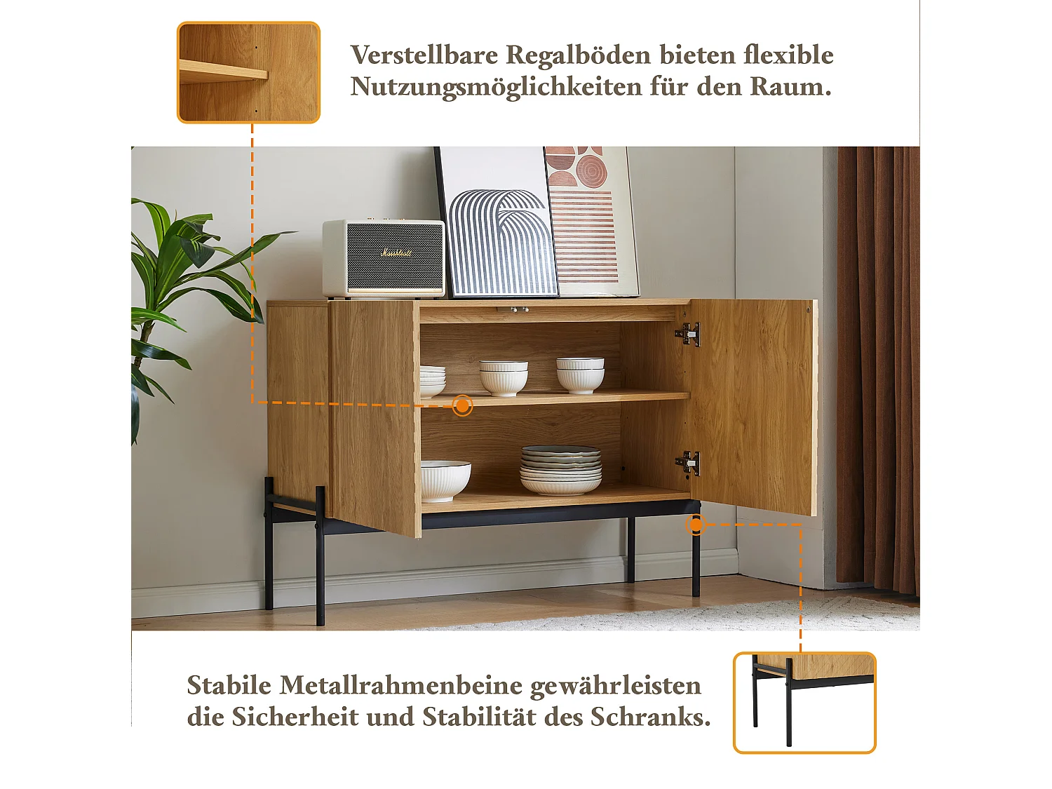 Buffet moderno in legno aggloméré cadre métal rangement salon salle à manger noir 80x40x90cm