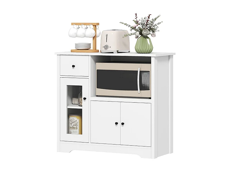 Aparador microondas madera blanca con almacenaje, 3 puertas, cajón, balda regulable 80x35x72cm