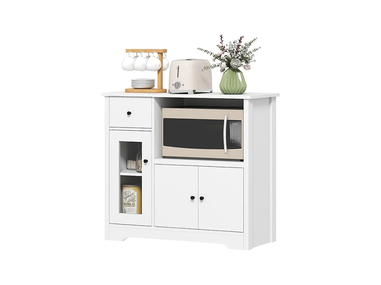 Aparador microondas madera blanca con almacenaje, 3 puertas, cajón, balda regulable 80x35x72cm