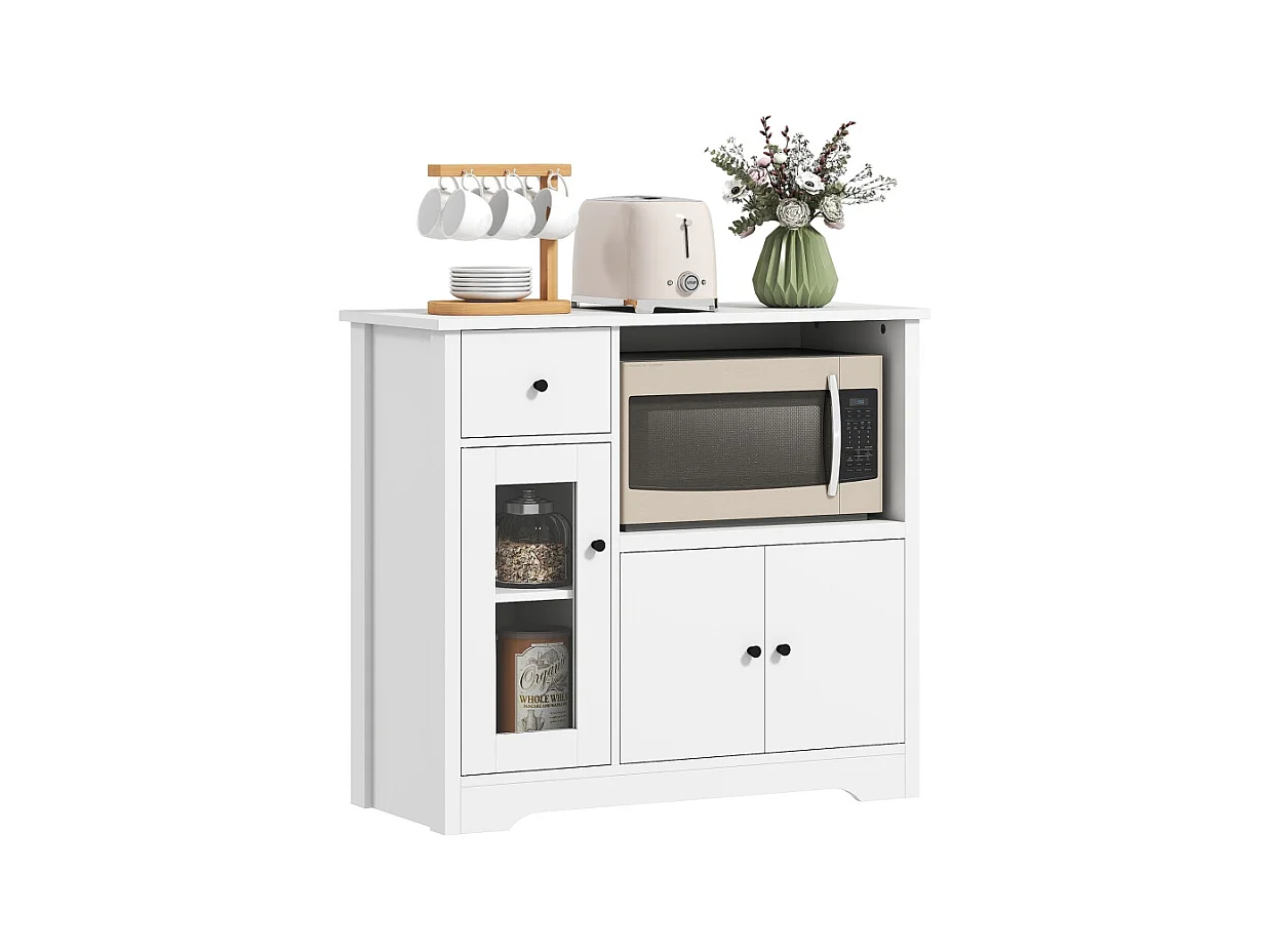 Aparador microondas madera blanca con almacenaje, 3 puertas, cajón, balda regulable 80x35x72cm