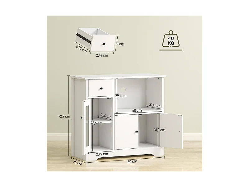 Aparador microondas madera blanca con almacenaje, 3 puertas, cajón, balda regulable 80x35x72cm
