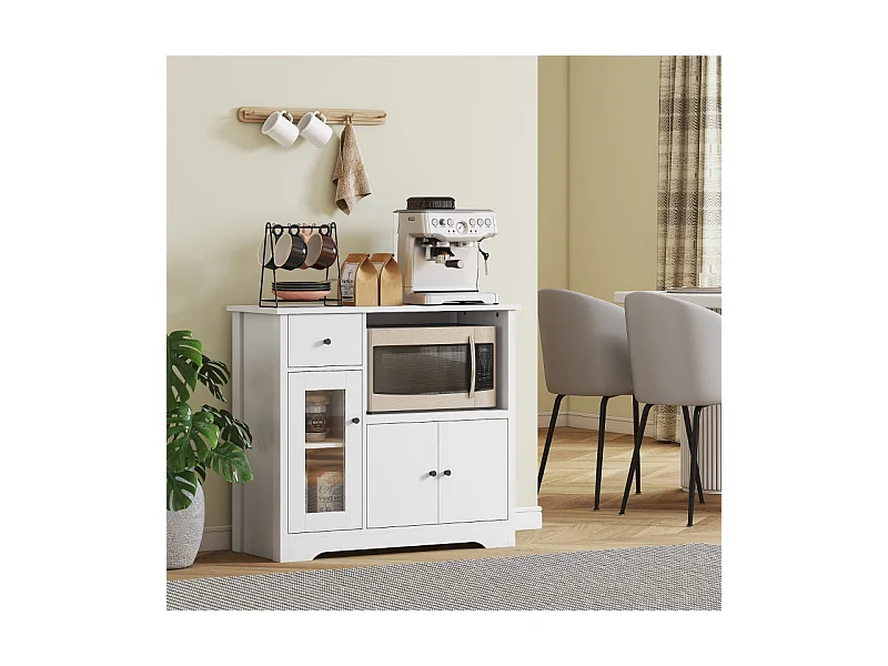 Aparador microondas madera blanca con almacenaje, 3 puertas, cajón, balda regulable 80x35x72cm