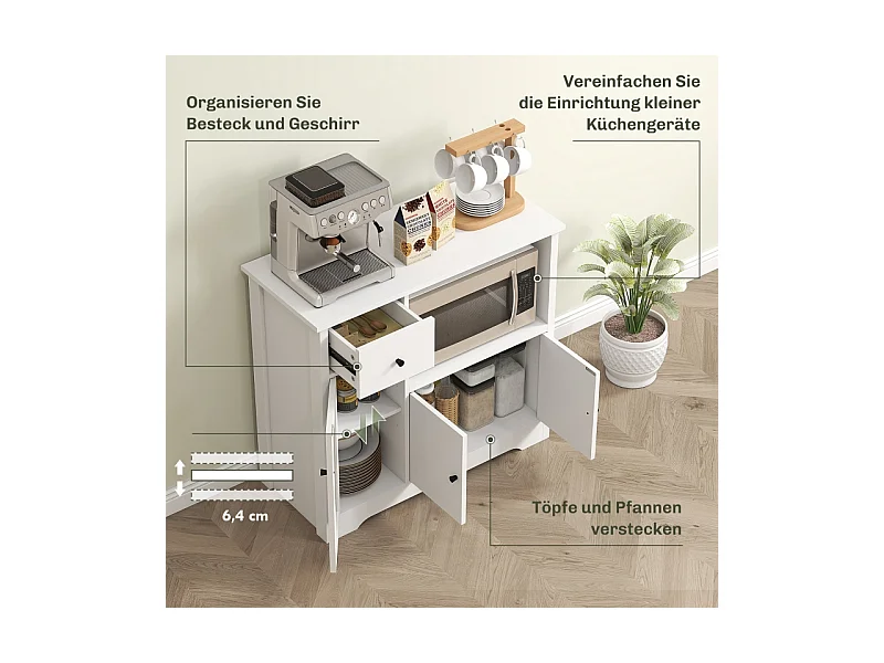 Aparador microondas madera blanca con almacenaje, 3 puertas, cajón, balda regulable 80x35x72cm