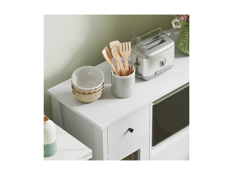 Aparador microondas madera blanca con almacenaje, 3 puertas, cajón, balda regulable 80x35x72cm