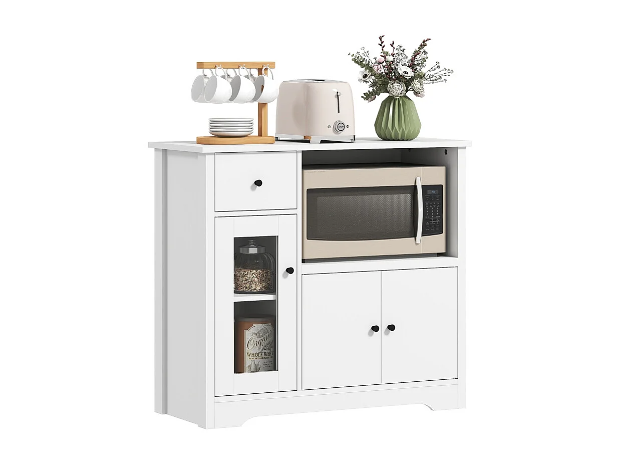 Aparador de micro-ondas de madeira branca com armazenamento, 3 portas, gaveta, prateleira ajustável 80x35x72cm