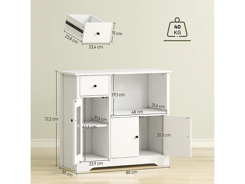 Aparador de micro-ondas de madeira branca com armazenamento, 3 portas, gaveta, prateleira ajustável 80x35x72cm