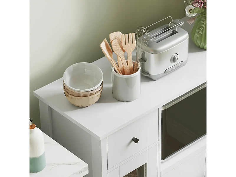 Aparador de micro-ondas de madeira branca com armazenamento, 3 portas, gaveta, prateleira ajustável 80x35x72cm