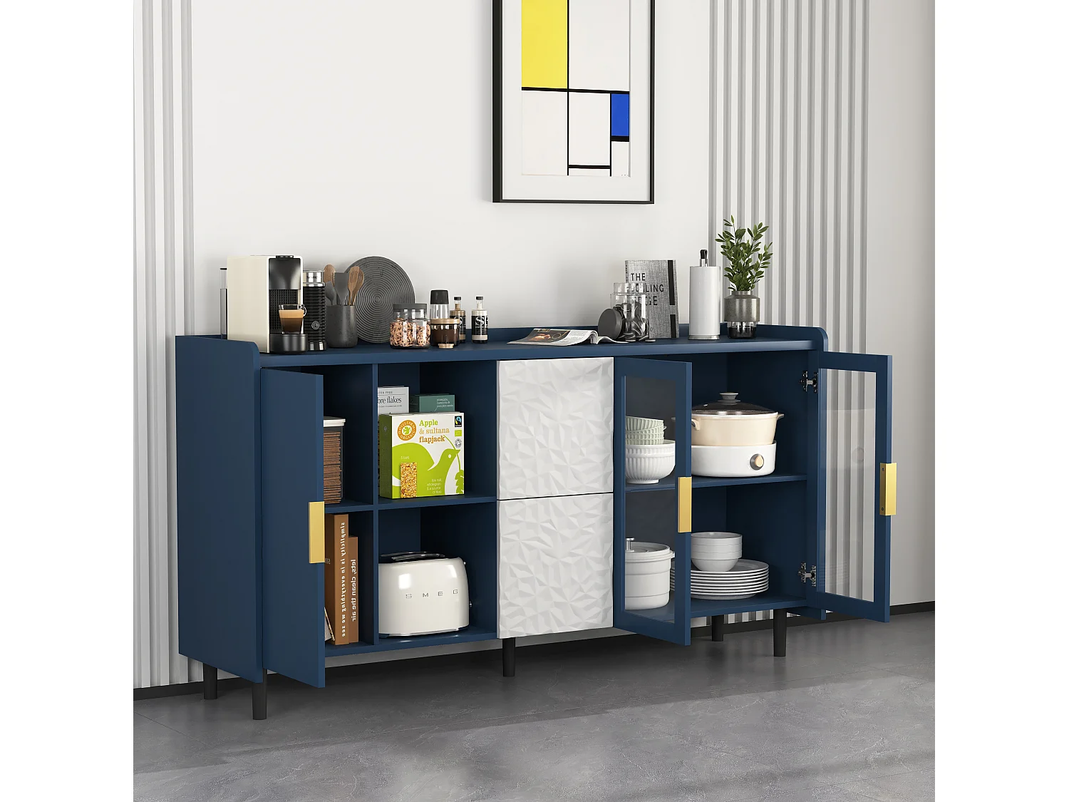 Buffet cucina bois MDF avec vitrine et tiroirs 140 cm rangement café bar salon bleu