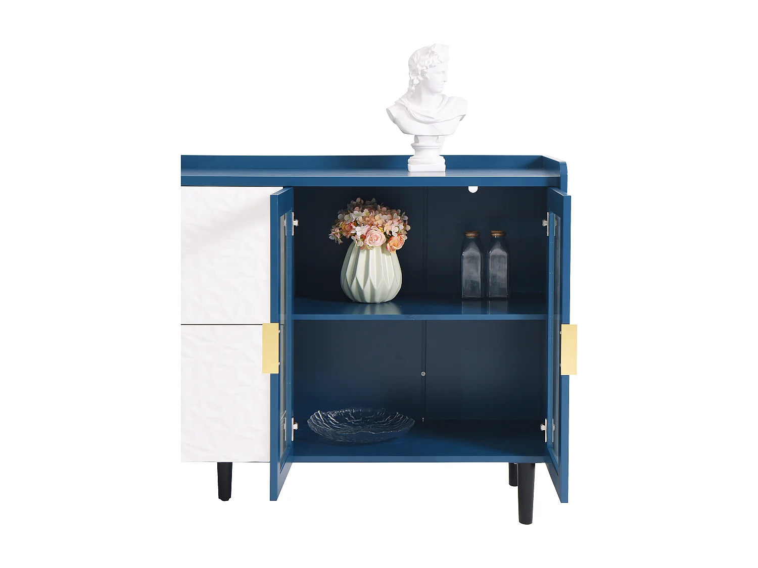 Buffet cucina bois MDF avec vitrine et tiroirs 140 cm rangement café bar salon bleu