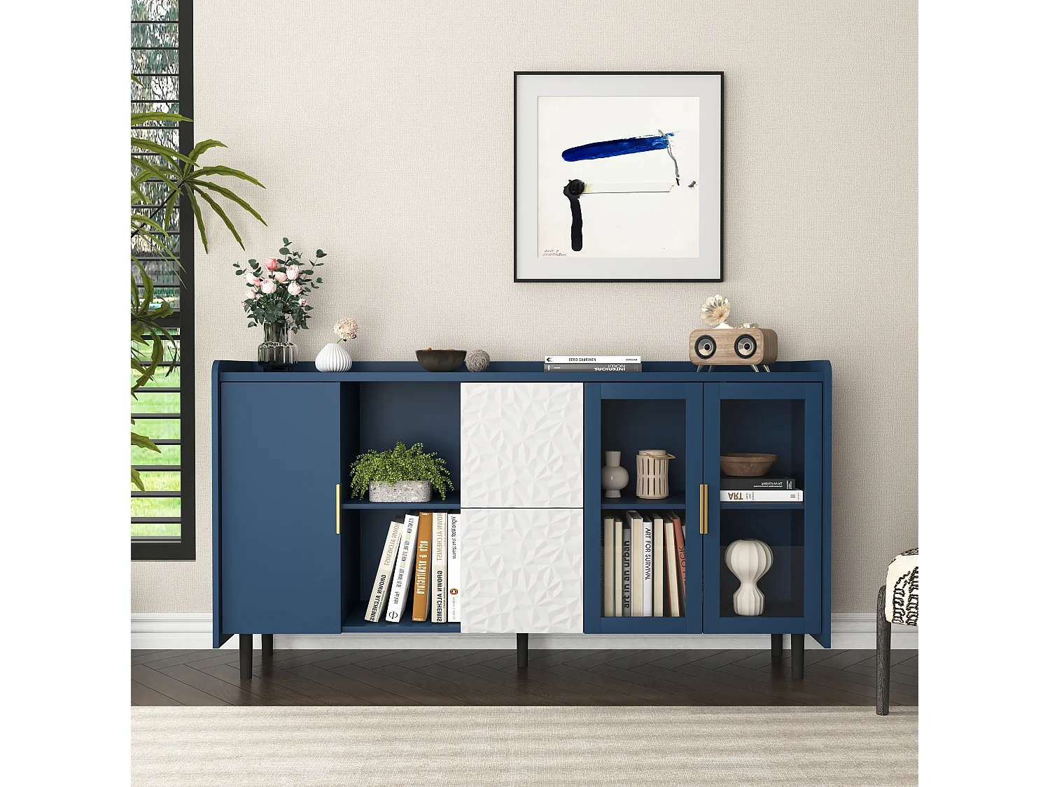 Buffet cuisine bois MDF avec vitrine et tiroirs 140 cm rangement café bar salon bleu