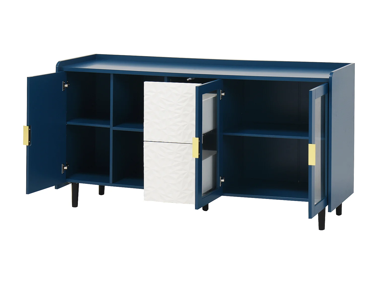 Buffet cuisine bois MDF avec vitrine et tiroirs 140 cm rangement café bar salon bleu