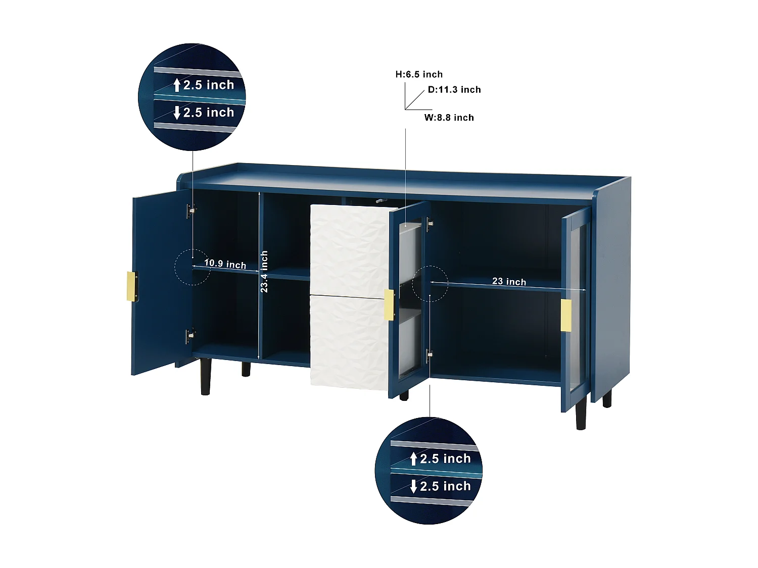 Buffet cuisine bois MDF avec vitrine et tiroirs 140 cm rangement café bar salon bleu