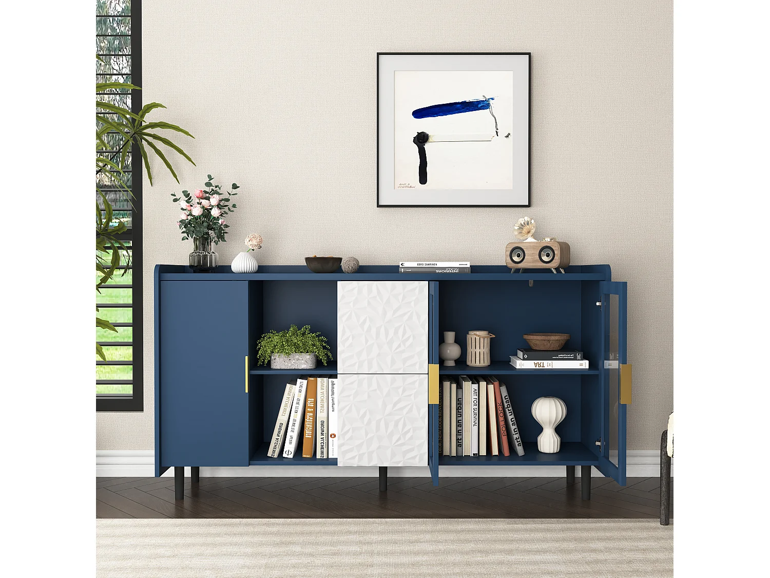 Buffet cuisine bois MDF avec vitrine et tiroirs 140 cm rangement café bar salon bleu